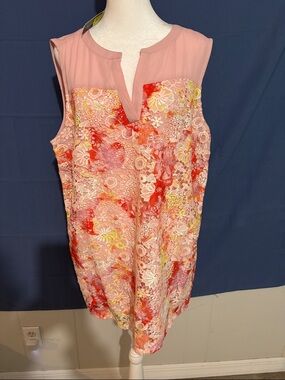 Investments Coral Pink Floral Lace Sleeveless Tunic